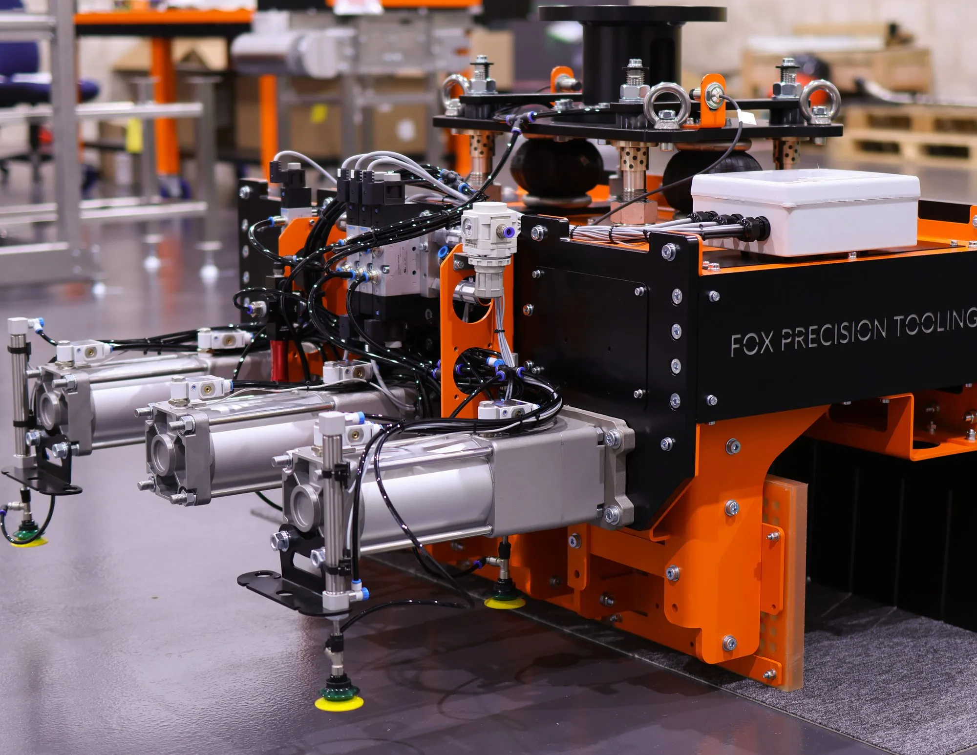Fox Precision Tooling brick and tile EOAT with pneumatic clamp cylinders