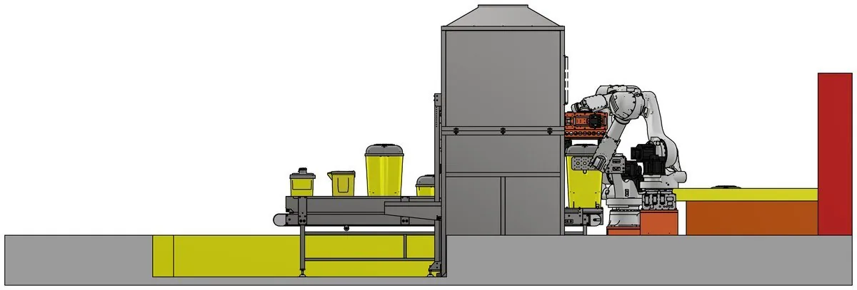 Fox Precision Tooling Adaptive Container Cell - front elevation drawing of the container reprocessing line, from infeed conveyor to wash tower
