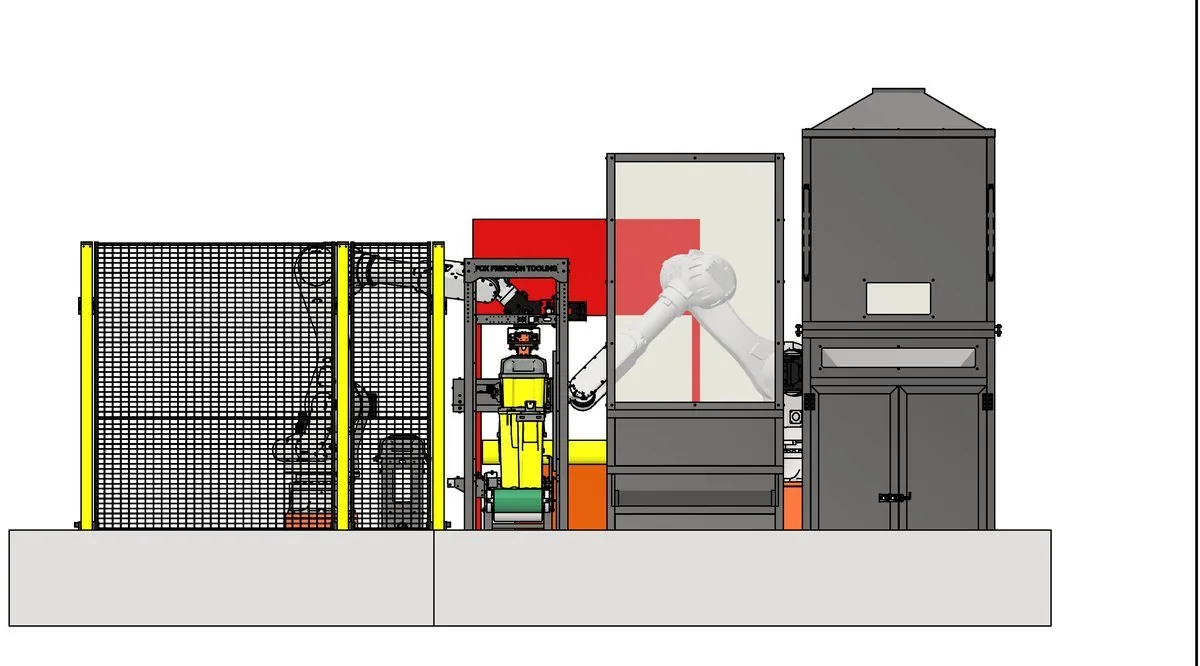 Fox Precision Tooling Adaptive Container Cell - side elevation drawing of the guarded robot cell showing the safety fencing and enclosures