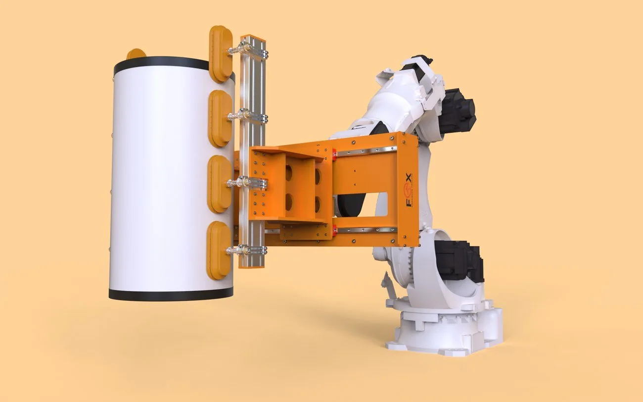 Fox Precision Tooling Adaptive Cylinder EOAT - render of the robot and EOAT handling an insulated hot water cylinder