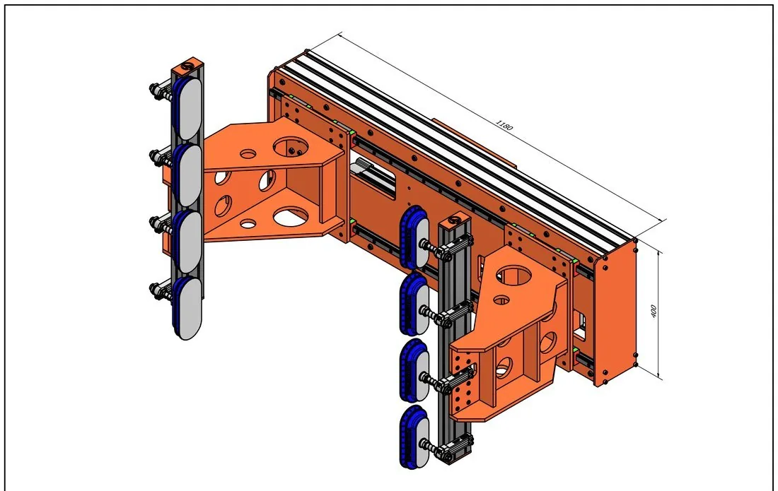 Fox Precision Tooling Adaptive Cylinder EOAT - isometric CAD drawing showing four independent vacuum cup circuits