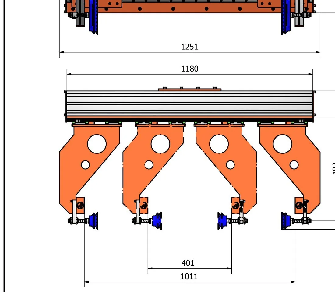 Fox Precision Tooling Adaptive Cylinder EOAT - front view CAD drawing showing the adjustable pitch between the four vacuum cups