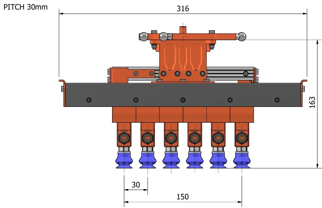 Fox Precision Tooling Moving Centres EOAT - front view drawing with pick stations closed to a 30mm pitch