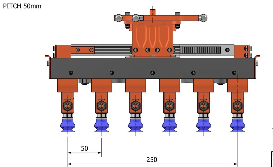 Fox Precision Tooling Moving Centres EOAT - front view drawing with pick stations opened to a 50mm pitch