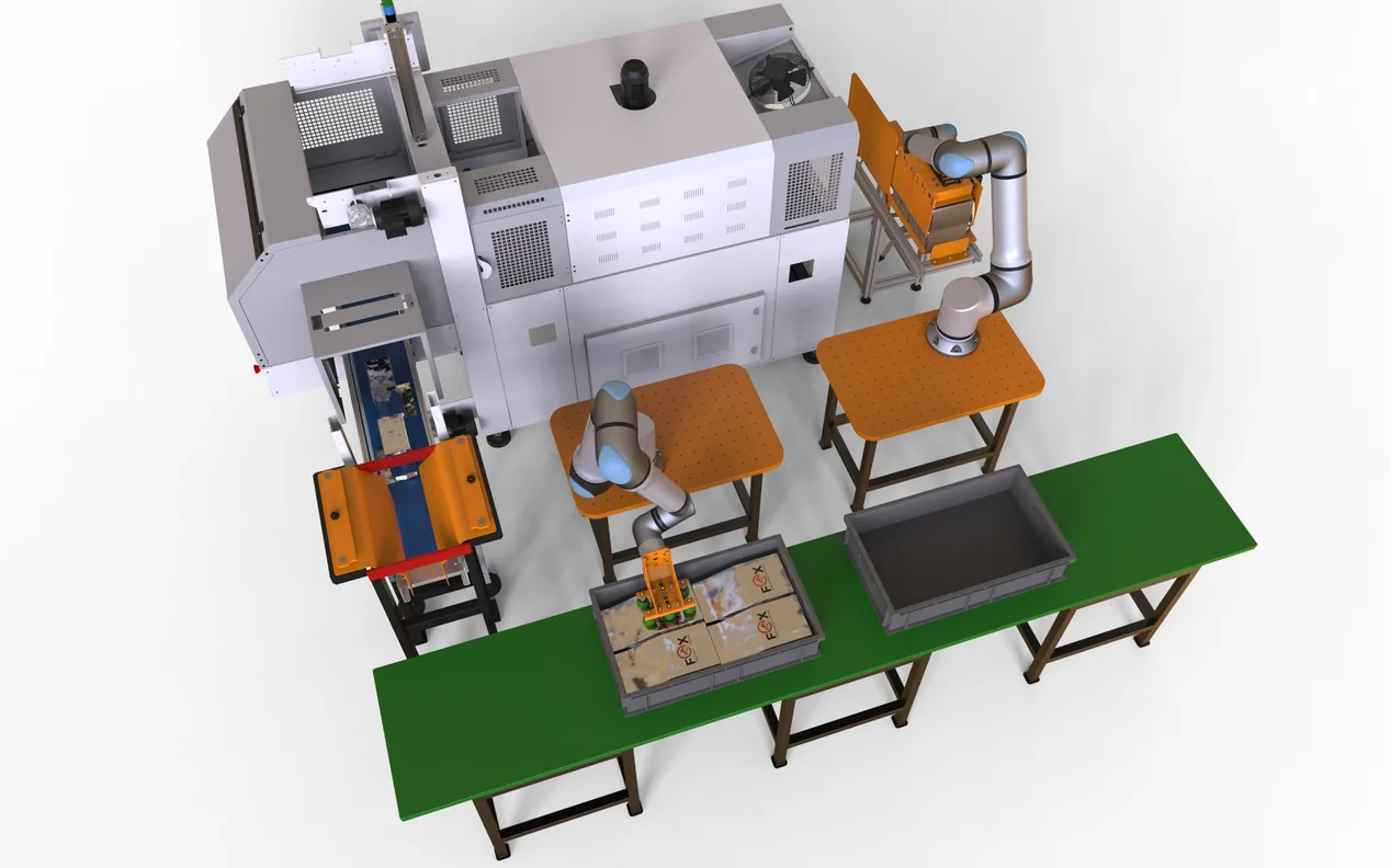 Fox Precision Tooling collaborative robot cell layout, top-down view