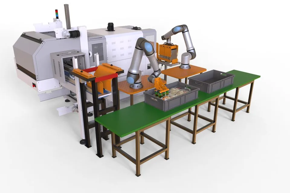 Fox Precision Tooling collaborative robot cell simulation, full cell overview