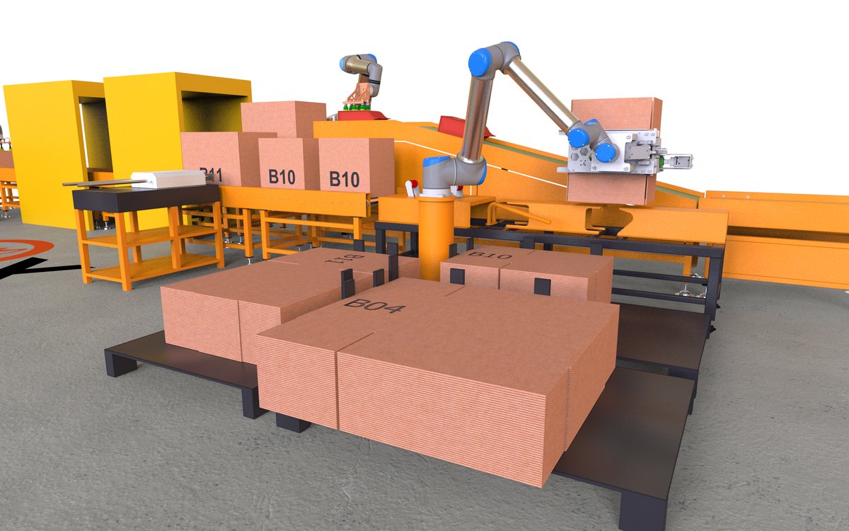 Fox Precision Tooling collaborative robot cell simulation, pallet handling with box labels B04, B10 and B11