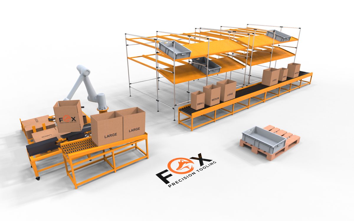 Fox Precision Tooling collaborative robot cell simulation, box erecting and palletising line with mezzanine store