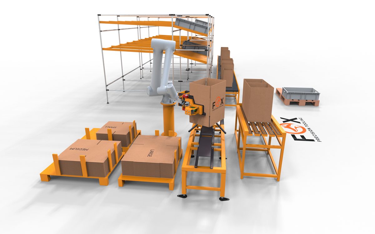 Fox Precision Tooling cobot EOAT simulation, box erector station with small, medium and large blanks