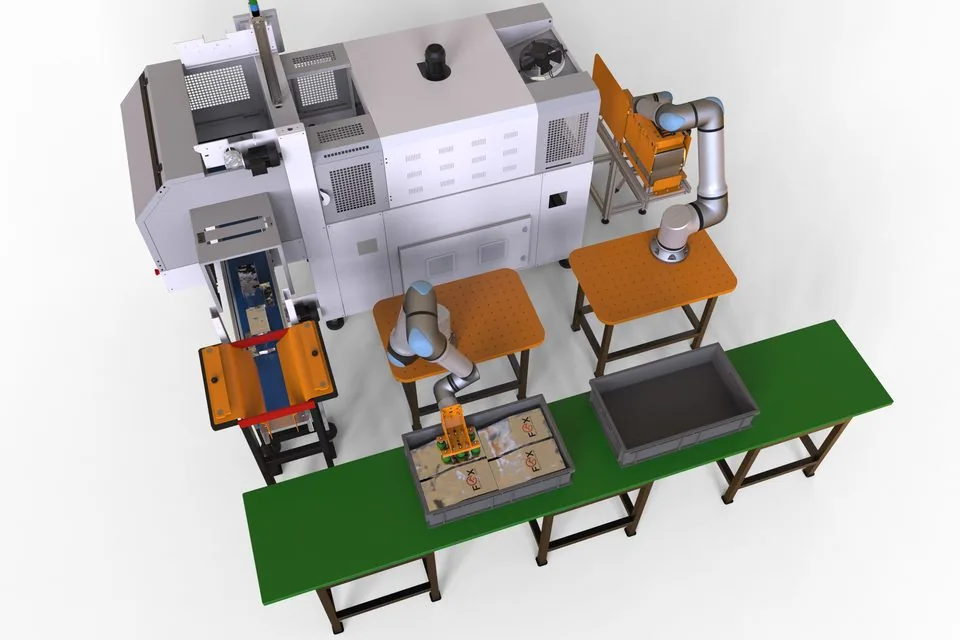 Fox Precision Tooling collaborative robot cell simulation, top-down layout view
