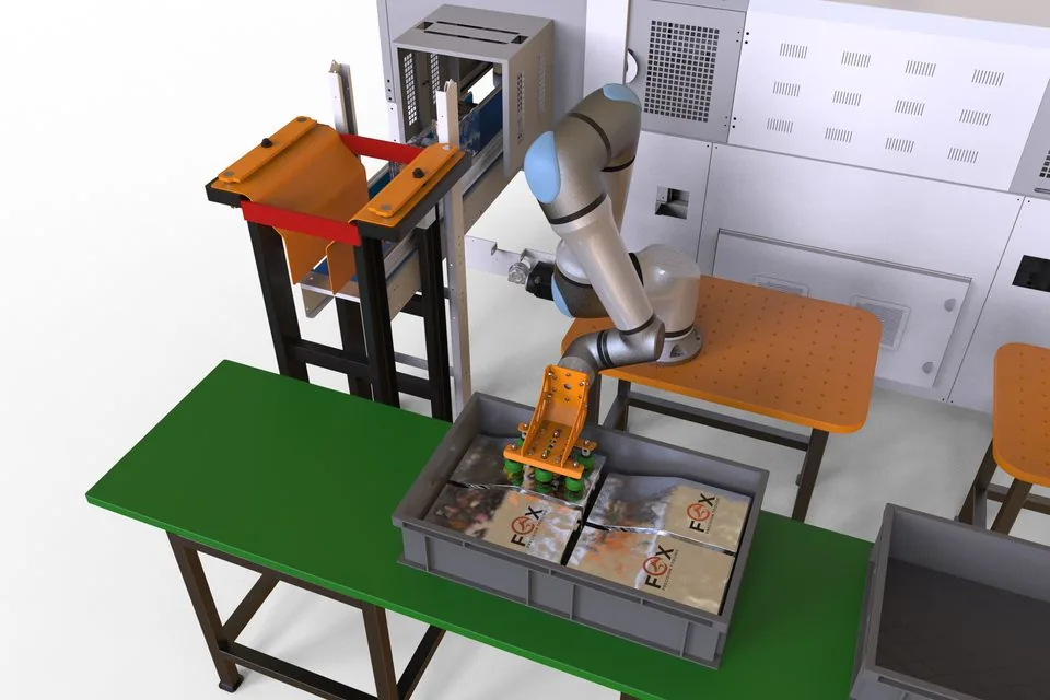 Fox Precision Tooling cobot EOAT simulation, picking bagged product into a crate