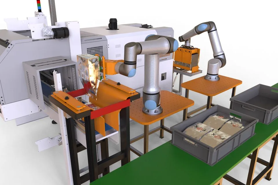 Fox Precision Tooling cobot EOAT simulation, close view of the gripper at the machine