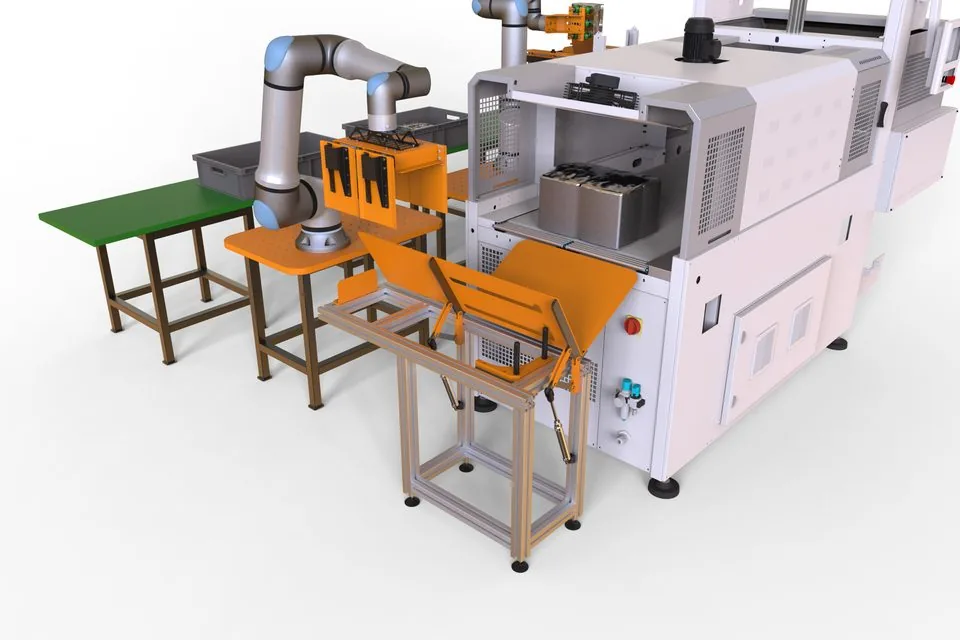 Fox Precision Tooling collaborative robot cell simulation, offload chute open