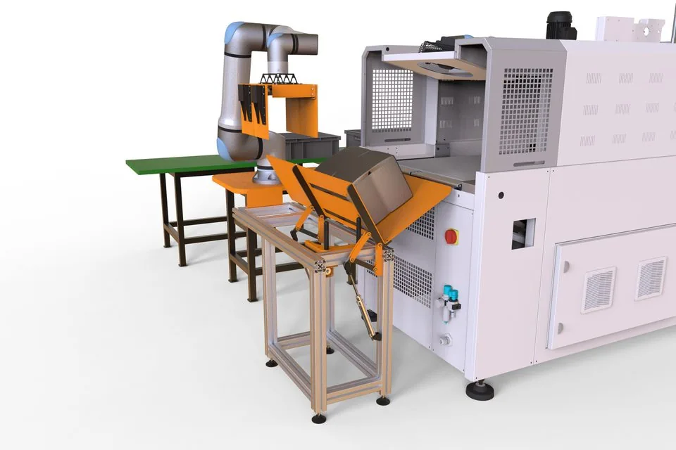 Fox Precision Tooling collaborative robot cell simulation, full system side view
