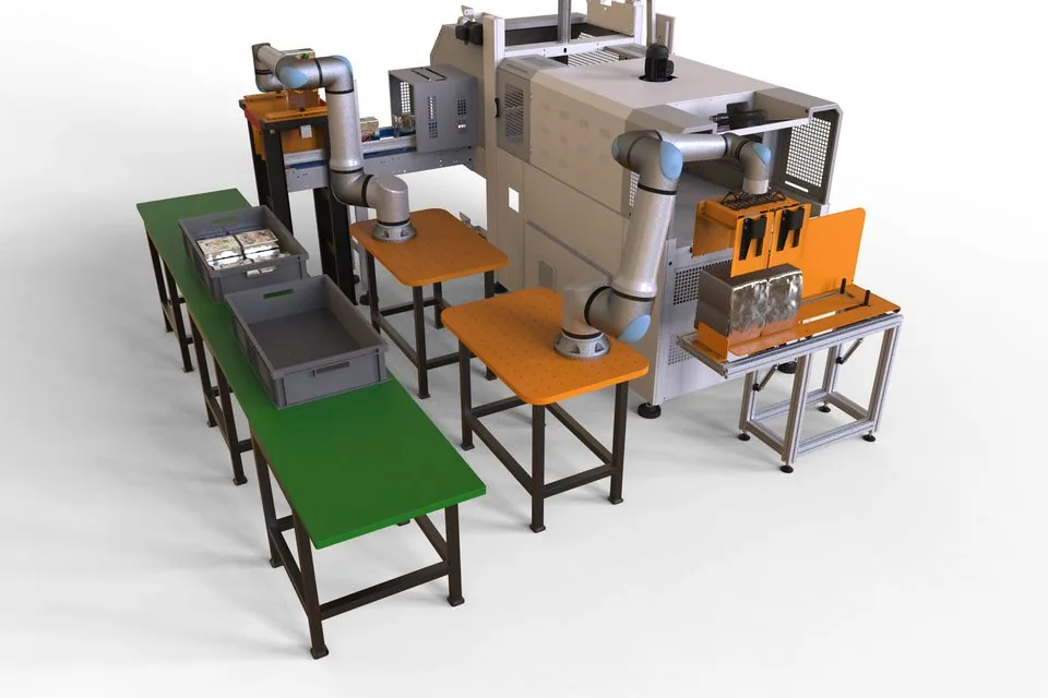 Fox Precision Tooling cobot EOAT simulation, placing packaged product into a crate