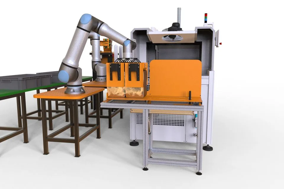 Fox Precision Tooling collaborative robot cell simulation, wide side view of the finished layout