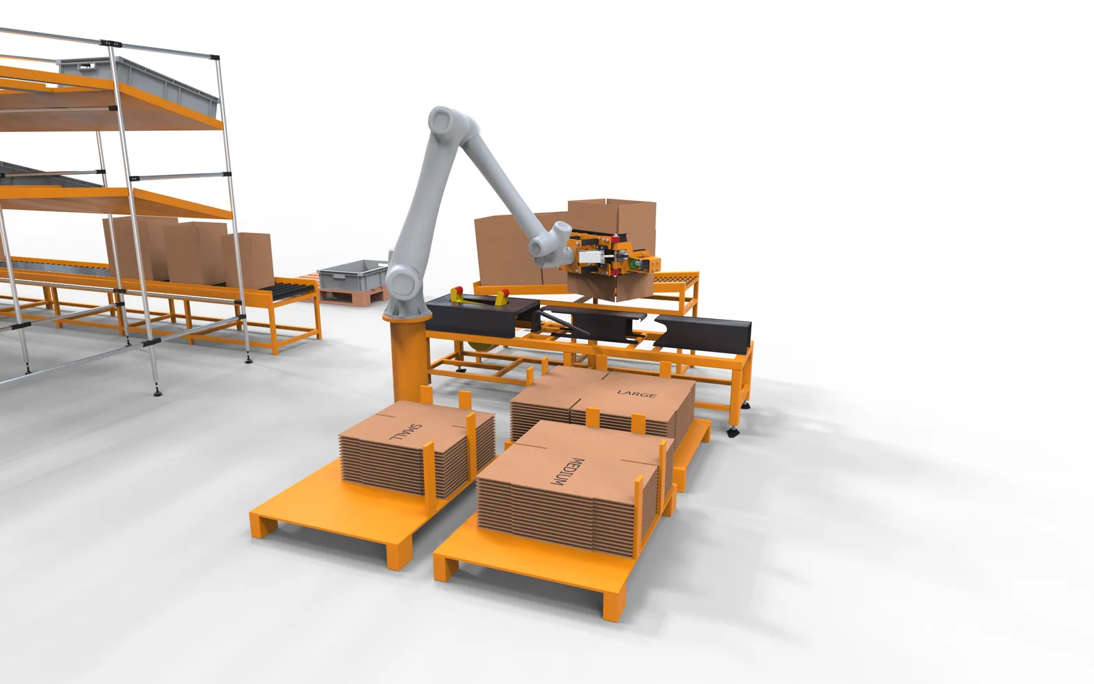 Fox Precision Tooling cobot EOAT simulation, erecting a box at the packing station