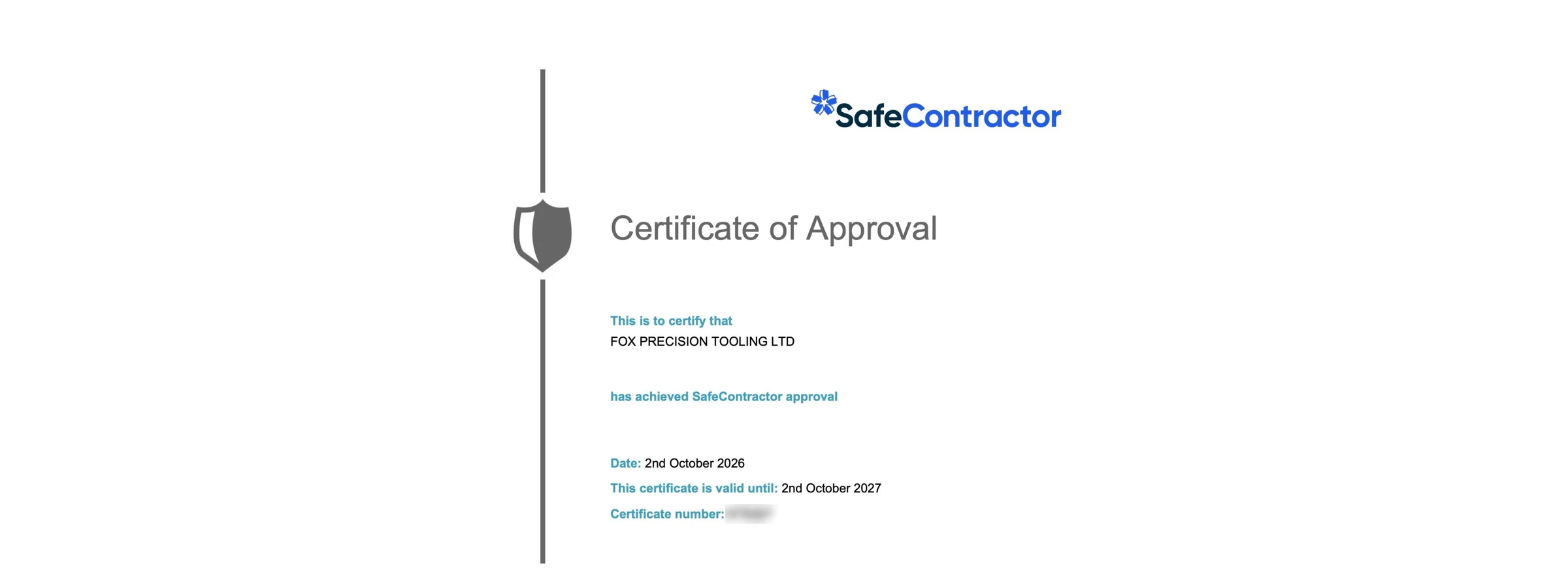 Fox Precision Tooling's SafeContractor Certificate of Approval