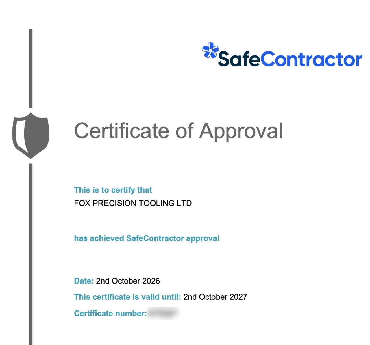 Fox Precision Tooling's SafeContractor Certificate of Approval, dated 2nd October 2026 and valid until 2nd October 2027